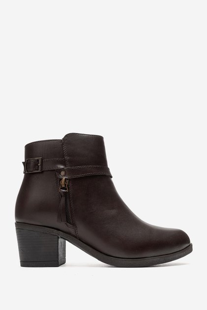 Women's Thick Heeled Buckle and Belt Detailed Zippered Boots&Booties Real Leather Br 66335 Brown