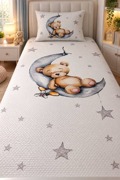 Children's Cotton Pique Set 150X230 cm with Bear Pattern Sleeping on the Moon