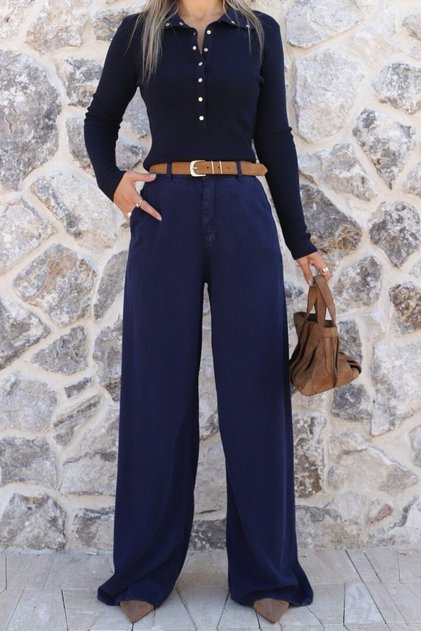 Navy Blue High Waist Thin Fabric Jeans