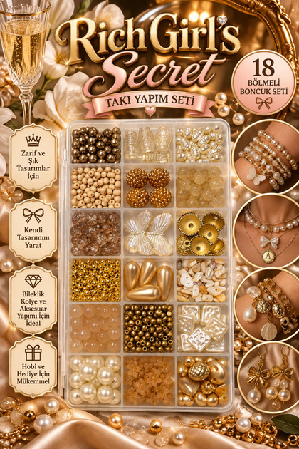 Rich Girl’s Secret 18 Bölmeli Takı Yapım Seti – İnci, Kristal ve Gold Boncuk Karışımı – Kolye Bileklik Tasarım Hobi Seti ✨👑