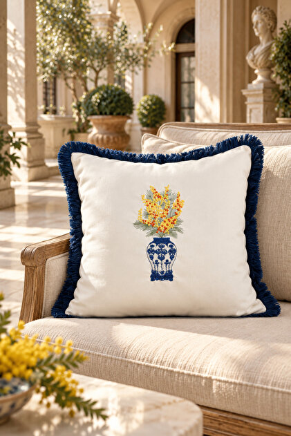 Premium Embroidered and Fringed Cushion Cover - 43*43 cm - Mediterranean Mimosa - Pnk001
