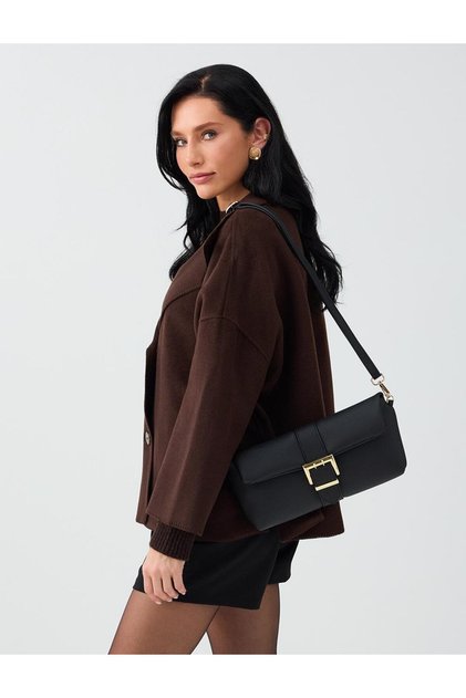 Black Buckle Detailed Strap Baguette Hand and Shoulder Bag