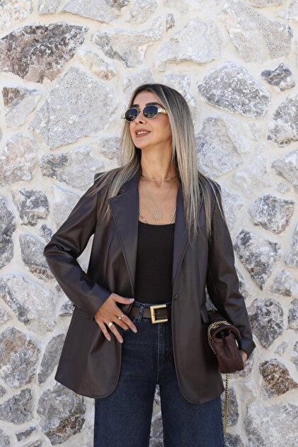 Bitter Brown Button Detail Leather Blazer