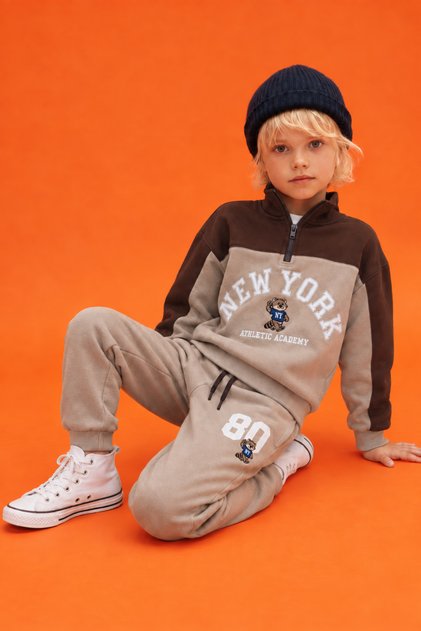 Boys' New York 80 Edition and Raccoon Embroidery Detailed 2-Piece Tracksuit Set – Half-Zip Sweatshirt and Jogger Pants