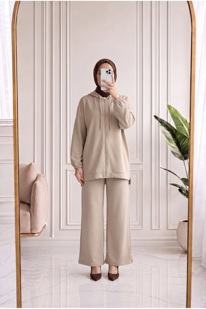 Nilbahar Hooded Zippered Trousers Set-Ma2877 Stone