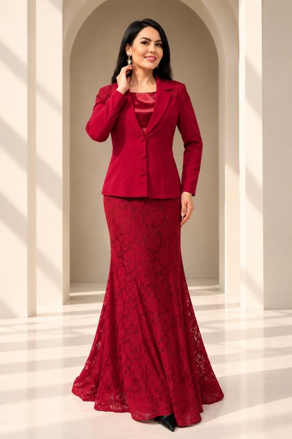 Women's Lace Jacket Skirt Set Three-Piece Set– Shoulder Embroidered Blazer Jacket, Lined Long Skirt, Blouse 3-Piece Set