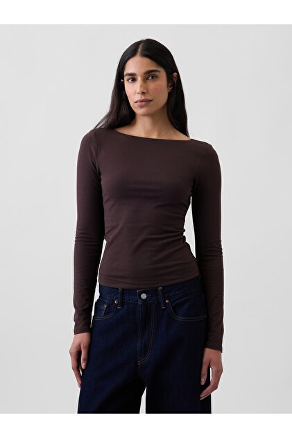 Kadın Kahverengi CloseKnit Jersey Scoop-Back T-Shirt