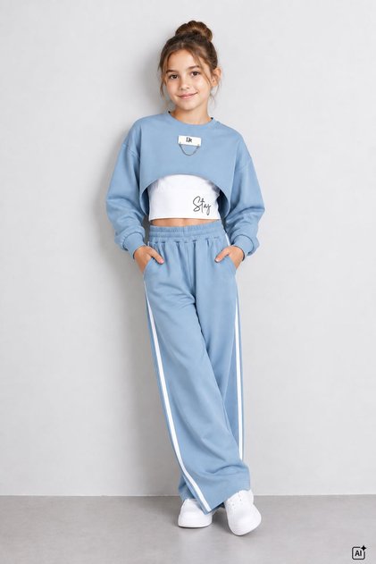 Blue Girls' Crop Top, Chain Detailed Wide Leg Pants, 3-Piece Set 25000
