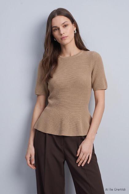 Short Sleeve Skirted Sweater with Flounces 2537 Mink
