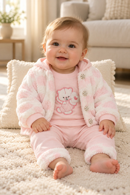Baby Girl 3 Piece Set Hooded Plush Jacket Teddy Bear Embroidered Top and Pants Ak2482