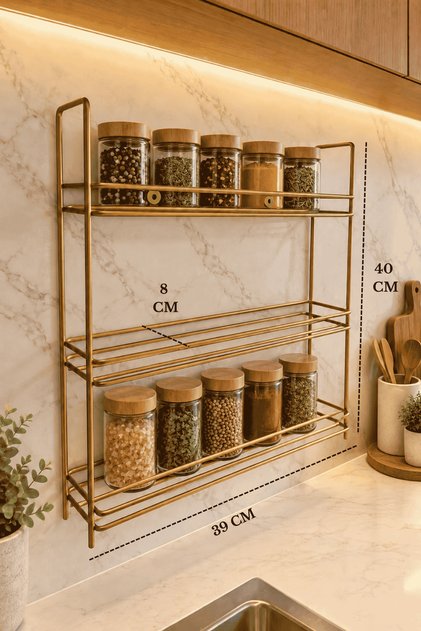 Matte Gold 3-Tier Wall-Mounted Spice Rack – Adhesive, No-Drill Installation Kitchen Organizer