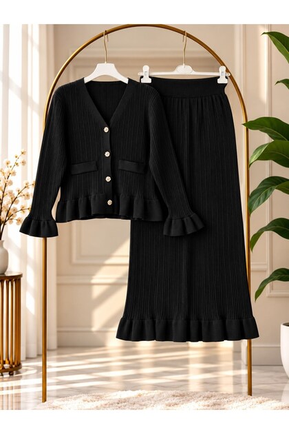 Women's hijab set with flounce detail and knitted skirt - black