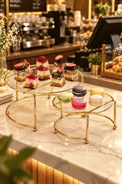 2-Piece Shiny Gold Metal Presentation and Serving Stand with Plexiglass, Cake, Cookie, and Treat Display