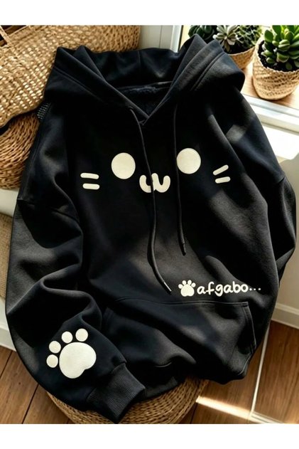Cat Figured Paw Hooded Sweatshirt Oversize Unisex Hoodie Multi-Colored