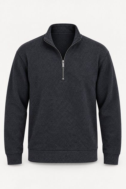 Dante Regular Fit Örme Kaşe Dik Yaka Yarım Fermuarlı Erkek Sweatshirt - Siyah