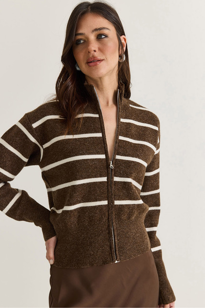 Women's Brown-Beige Striped Zippered High-Neck Knitwear Cardigan Th261057 60286622