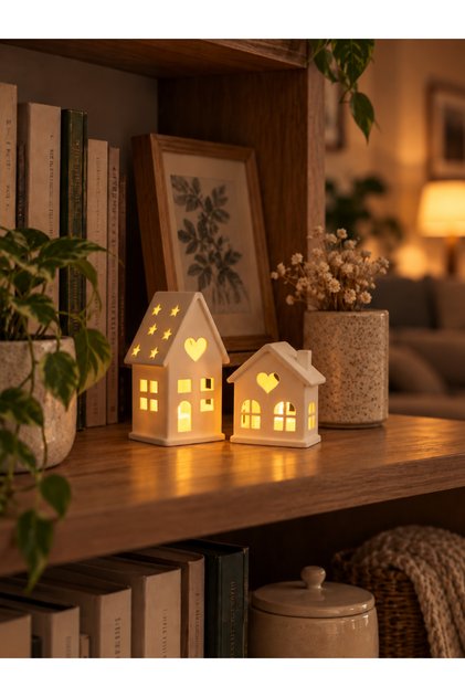 2’li Kış Evleri Tealight Mumluk Seti – Yılbaşı Dekoru, Kitaplık ve Raf Süsü