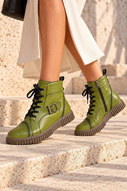 Genuine Leather Women's Boots with Lace-Up Buckle and Zipper, Casual Boots Model Name: Hathor