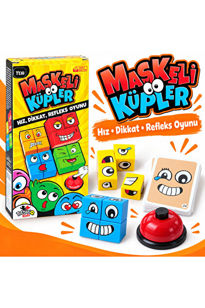 Maskeli Küpler strateji Hız ve Dikkat Oyunu 8 Küp, Zil ve Kartlı Montessori gelişim oyunu