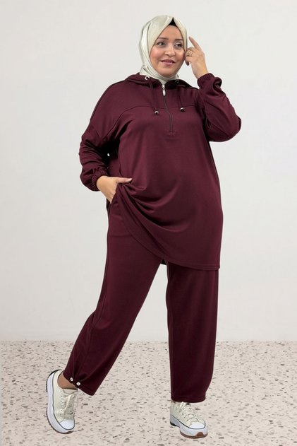 67081 Large Size Trouser Leg Button Detailed Low Sleeve Modal Set - Burgundy