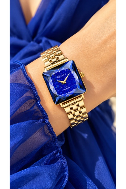 25 mm Case, Yellow Steel Band Blue Dial, Women's Wristwatch+Bracelet in Stylish Box