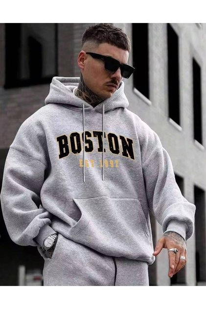 Men's Boston Text Printed Hooded Sweatshirt