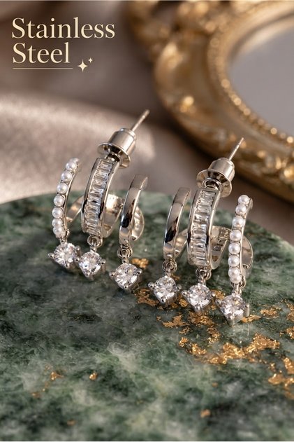 Brass silver color pearl multi zircon stone half hoop earrings