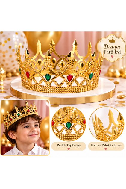 Renkli Taşlı Kral Prens Tacı Gold ve Gümüş – Doğum Günü, Sünnet ve Kostüm Aksesuarı