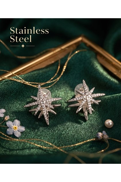 Brass Silver Color Double Sided Polar Star Earrings