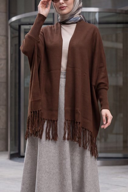 Women's Brown Hijab with Tassels on the Edge Knitwear Shawl Poncho Princess Model Knitted Shoulder Shawl Poncho Hijab Tunic