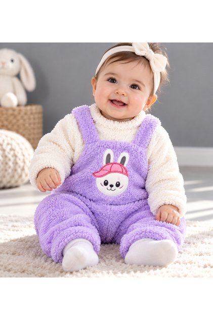 Baby Girl Plush Jumpsuit Set with Rabbit Pattern, Warm and Soft Winter Jumpsuit 6-9-12 Months