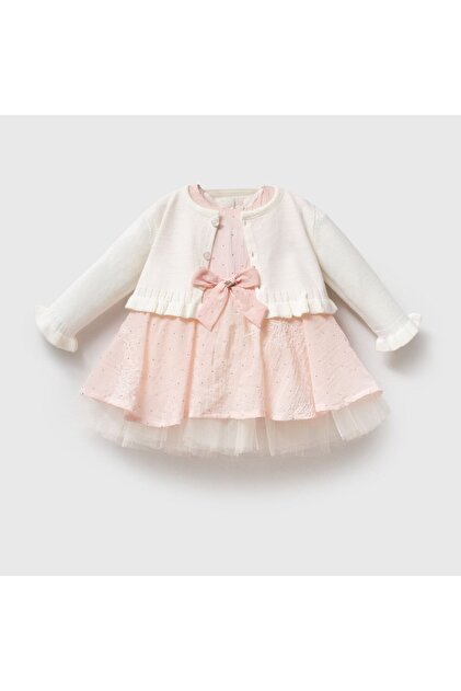 Embroidery Detailed Stoned Long Sleeve Tutu Dress with Ribbon Detail on the Front and Knitwear Cardigan Baby Girl Dress Set