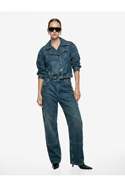 Cotton Stitched Detailed Regular Waist Carpenter Denim Trousers with Pockets