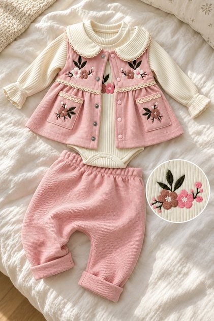Baby Girl Set Floral Embroidered Pocketed 3-Piece Set Long Sleeve Bodysuit - Cardigan - Pants Seasonal Set 3 6 9 12 Months