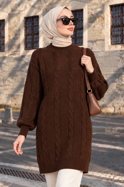 Knitted Detailed Brown Hijab Sweater 60051Kh