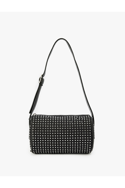 Zippered Stone Shoulder Bag with Metal Accessories and Adjustable Strap