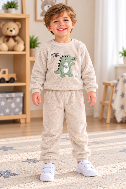 Boys' Plush Tracksuit Set – Crocodile Printed 2-Piece Fleece Top and Bottom Set