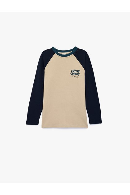 Printed Pocketed Cotton Textured Crew Neck Long Sleeve T-Shirt