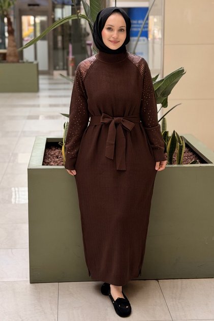 Fuat Gürşen Sleeves Sequin Embroidered Ribbed Knitwear Dress