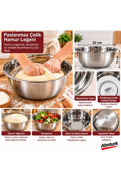 5L Paslanmaz Çelik Çok Amaçlı Kulpsuz Hamur ve Yemek Hazırlama Leğeni 32x12cm Isıya Dayanıklı Yan Kulplu Geniş Hamur Yoğurma Kabı Mutfak Leğeni
