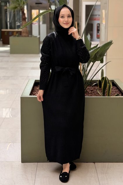 Fuat Gürşen Sleeves Sequin Embroidered Ribbed Knitwear Dress
