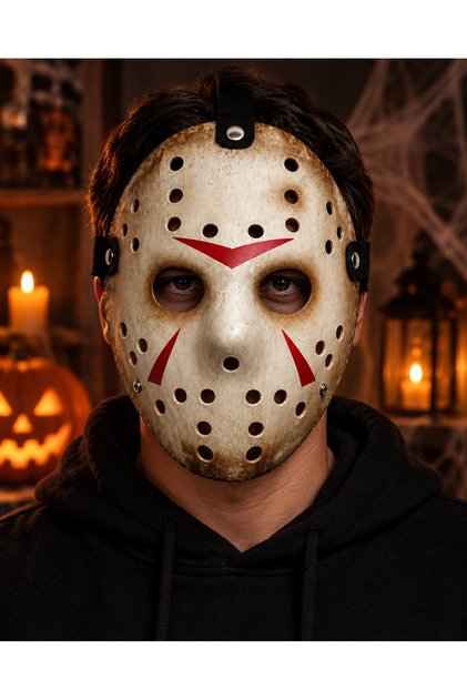 Eskitme Krem Hockey Maske Halloween Korku Maskesi – Lastikli Kostüm Parti Maskesi