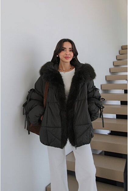 Khaki Fur Coat with Lacing Detail on the Sleeves