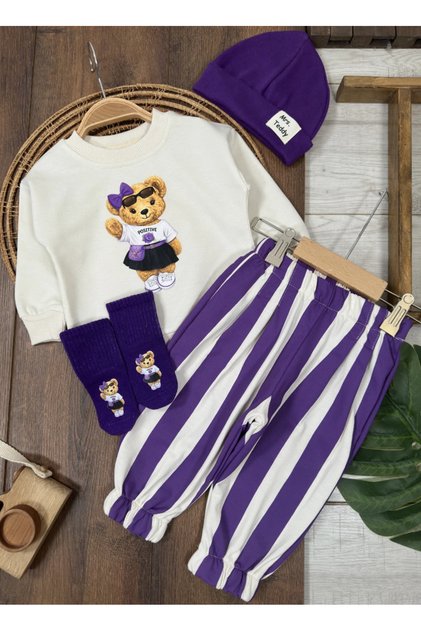 Teddy Bear with Socks, Printed Beret, Wide Fit, Seasonal 4-Piece Baby Girl/Child Set