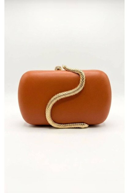 Women's Snake Figured Stoned Portfolio Evening Dress Handbag Hardbox Clutch and Shoulder Strap