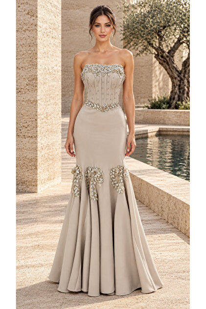Light Beige Mermaid Evening Dress with Shiny Floral Embroidery