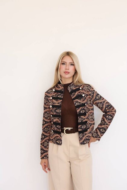 Women's Black Patterned Napoleon Style Short Jacket