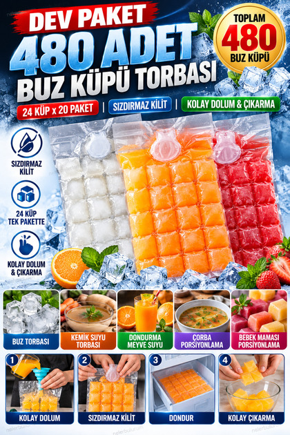480 Adet Buz Torbası 20 Paket 24 Gözlü | Kemik Suyu, Meyve Suyu, Çorba, Sos, Püre ve Sıvı Gıda Dondurma Poşeti | Sızdırmaz Buz Küpü Torbası