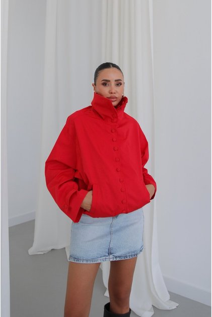 Red Coated Buttoned Stand Collar Jacket