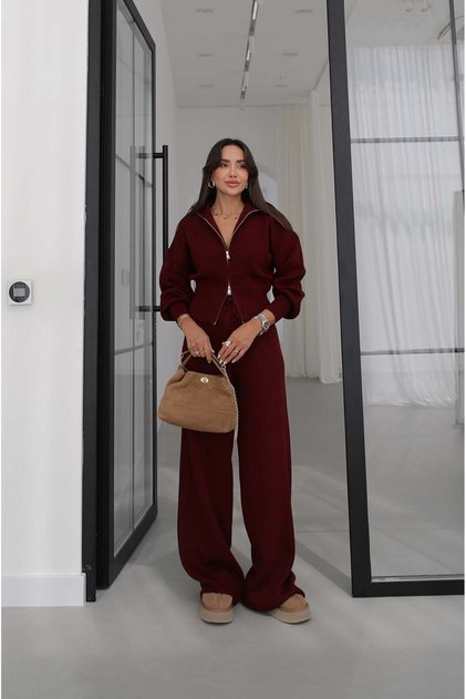 Bordo Fens Double Zipper Cardigan Pants Knitwear Set